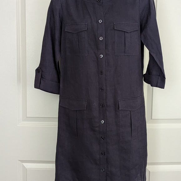 Go Silk Navy Blue Shirt Dress 100% Linen Button Down Pockets Minimalist-51 - Picture 6 of 12